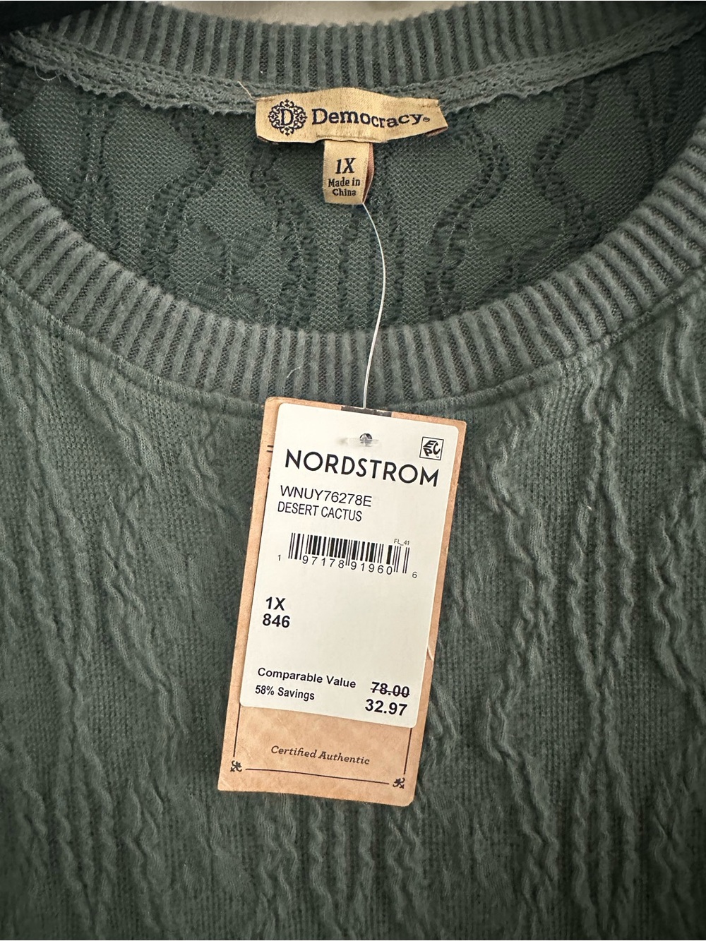 Democracy Cable Knit Crewneck Sweater - Desert Cactus Green